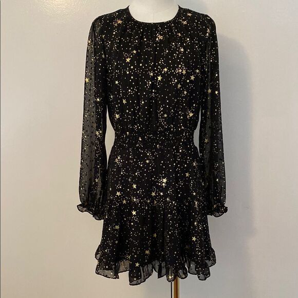 Bloomingdale's AQUA Black and Gold Star Foil Mini Dress Size Medium - Picture 3 of 13